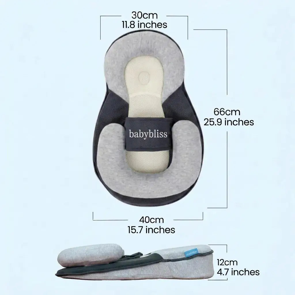 Baby seat with dimensions labeled on a light gray background