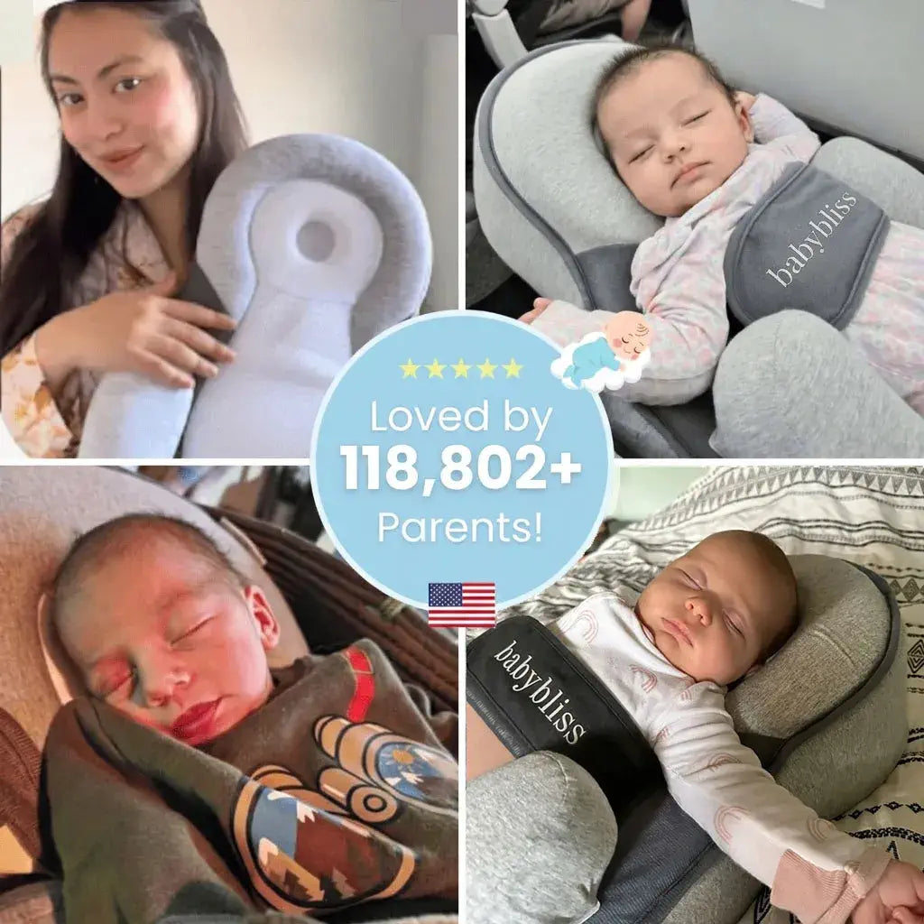 Collage of a baby using a car seat with a baby pillow, with text indicating popularity among parents.